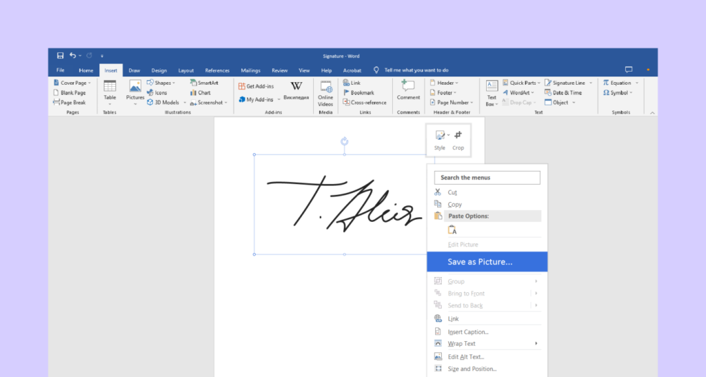 Signature in word